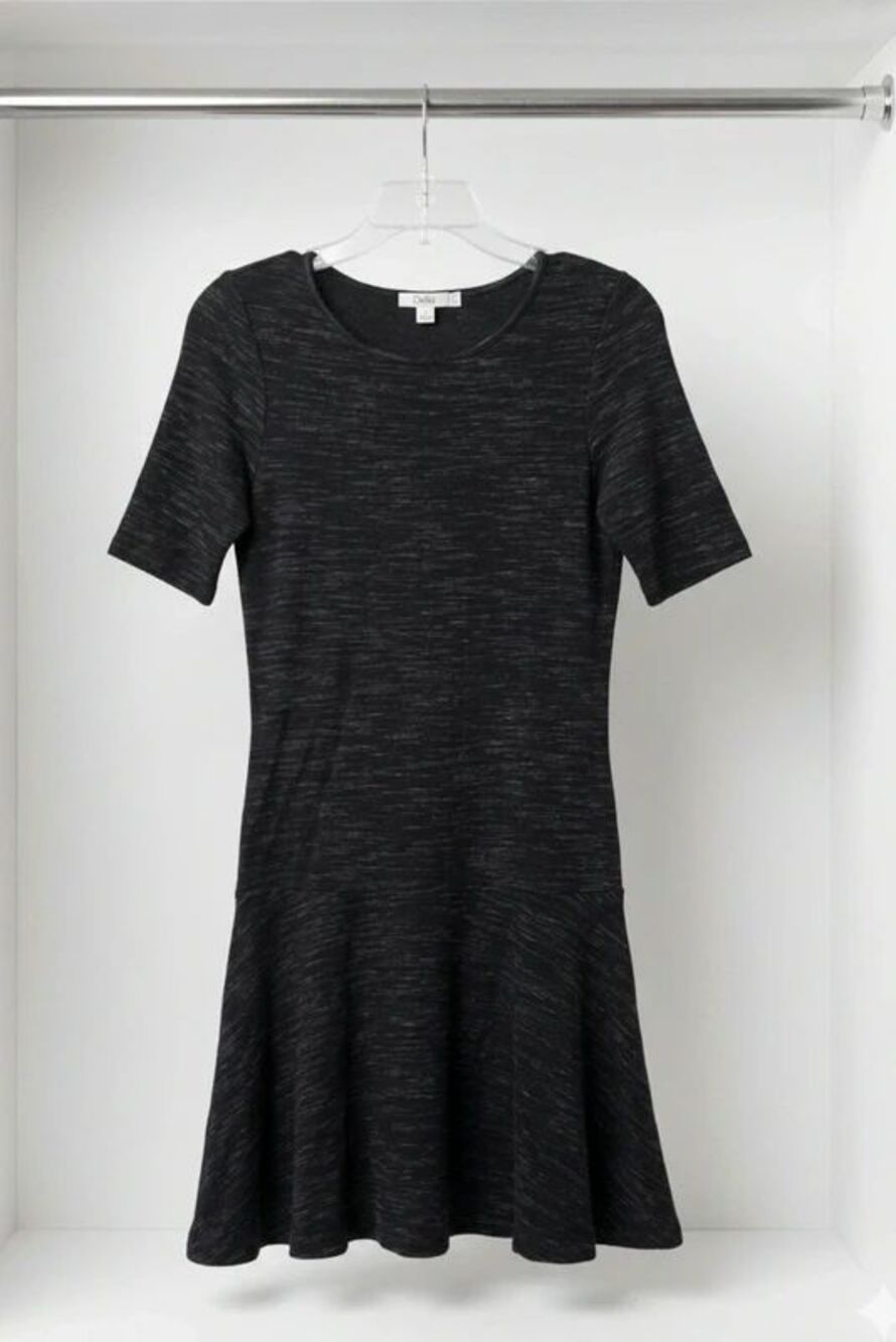 Dalia Black Gray Space Dye Drop Waist Dress Short Sleeve Flounce Mini S